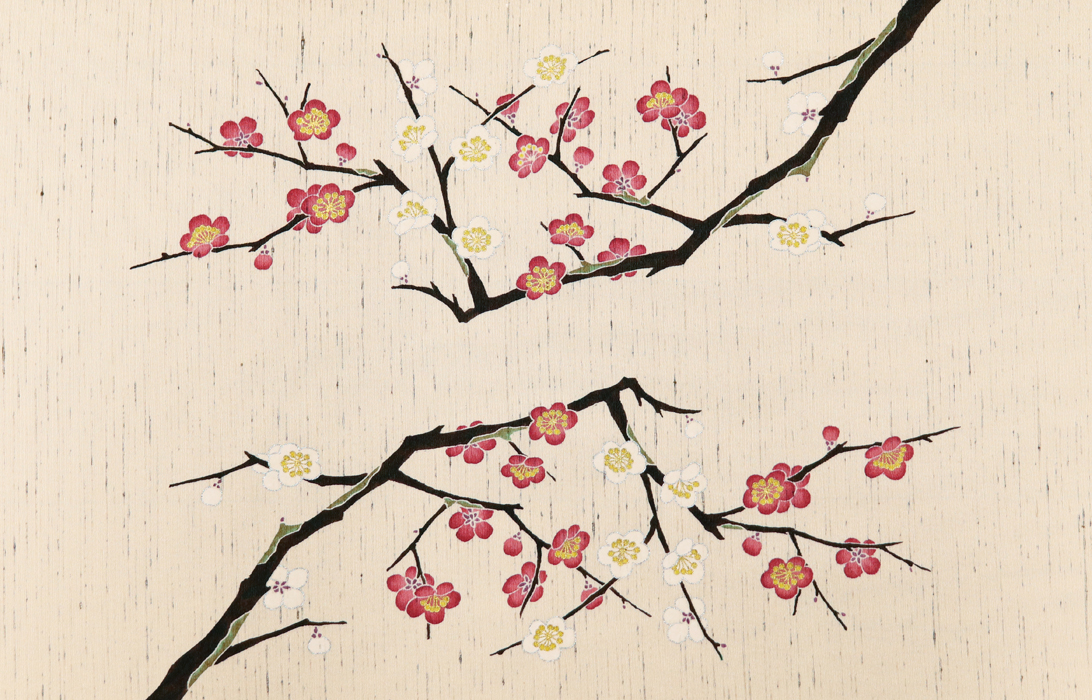 手描き友禅 染名古屋帯「紅白梅」 前柄