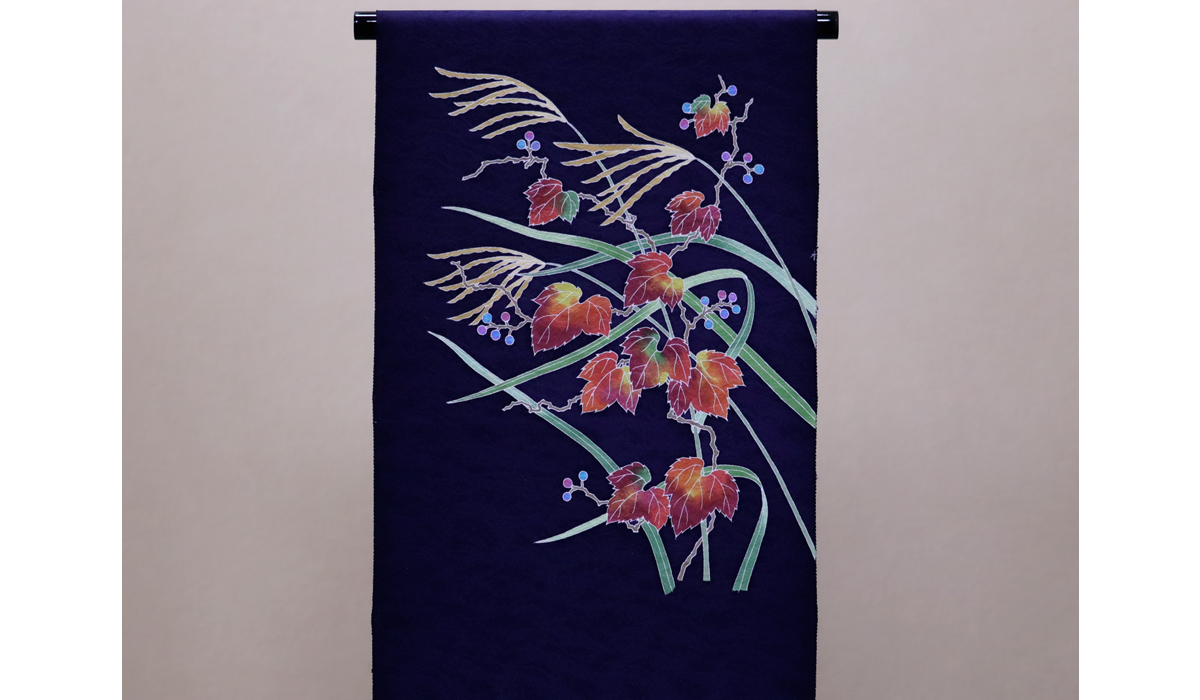 手描き友禅 染名古屋帯「野葡萄笹図」