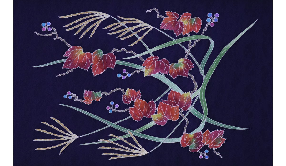 手描き友禅 染名古屋帯「野葡萄笹図」 前柄