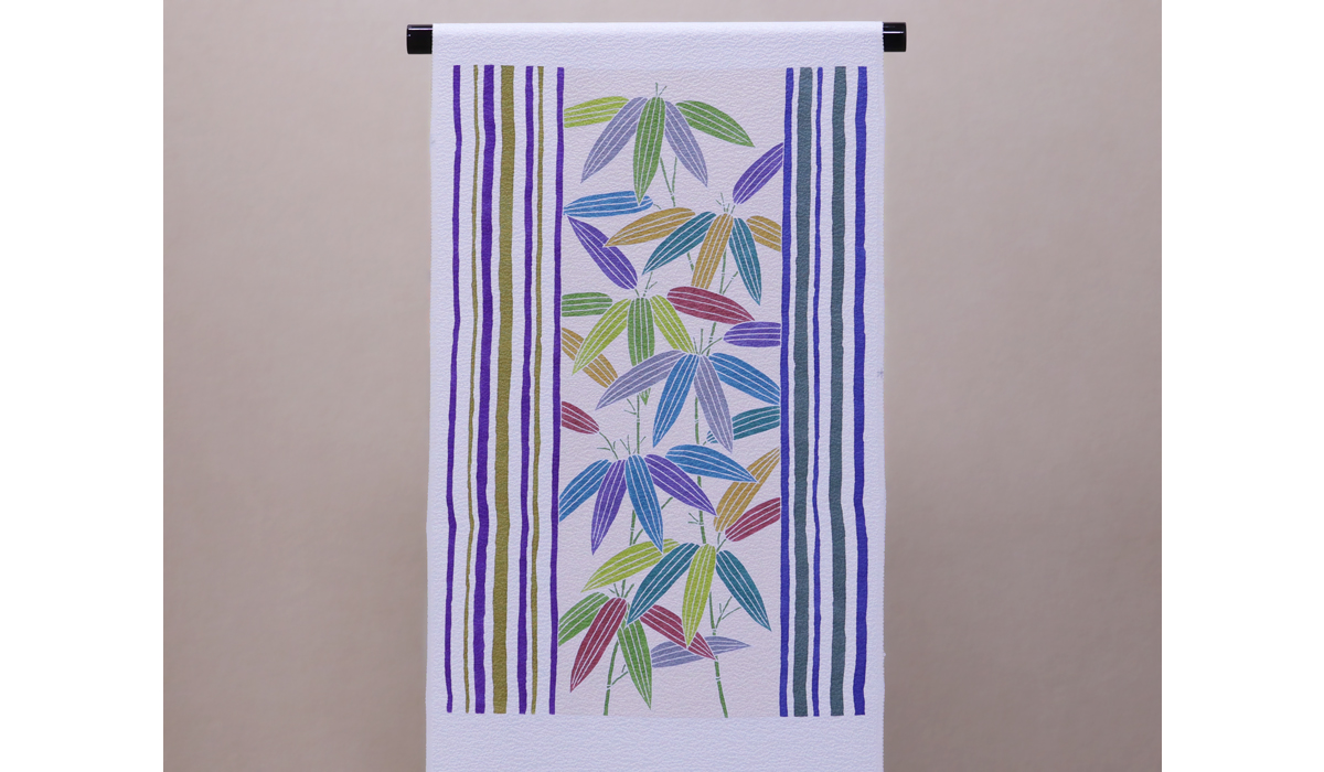 手描き友禅 染め帯「笹によろけ縞模様」